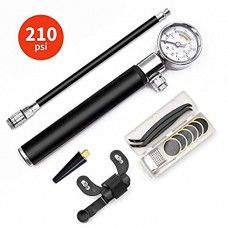 RFWIN Mini Bike Pump with Gauge and Gloveless Puncture Repair Kit  Presta & Schrader Dual Head for Bicycle with Flexible Hose and Frame Mount  210 PSI Capacity Gauge  Bonus Pin Set - B07D73D3D4